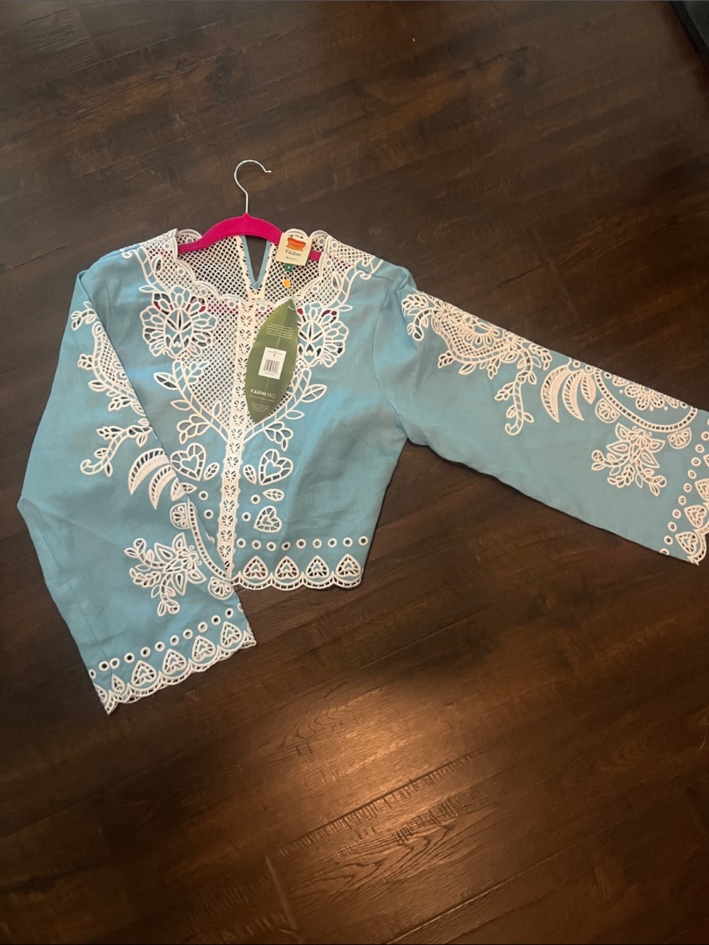 FARM Rio Light Blue Embroidered Lace-Trim Cropped Blouse